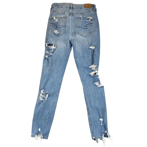American Eagle Women's Jeans 4 Curvy Hi-Rise Jegging Crop Distressed Blue Denim - Picture 2 of 16